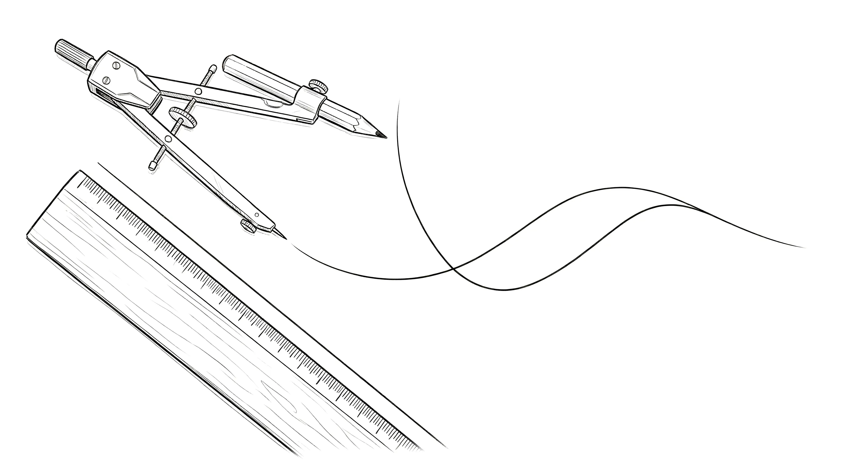 A drawing compass tracing a flowing freehand curve beside a ruler, illustrating the shift from rigid structured workflows to fluid, precise creative execution