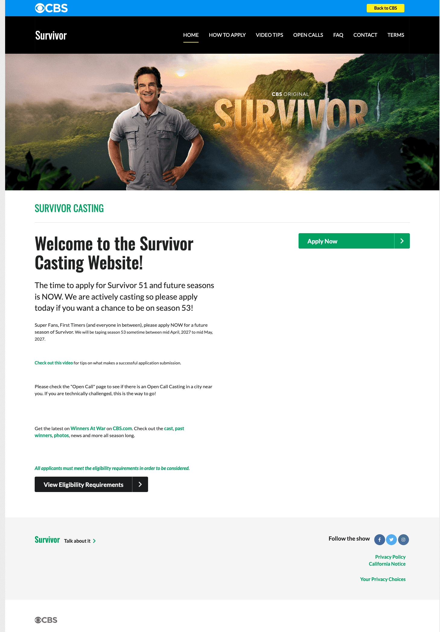 CBS Survivor Casting homepage
