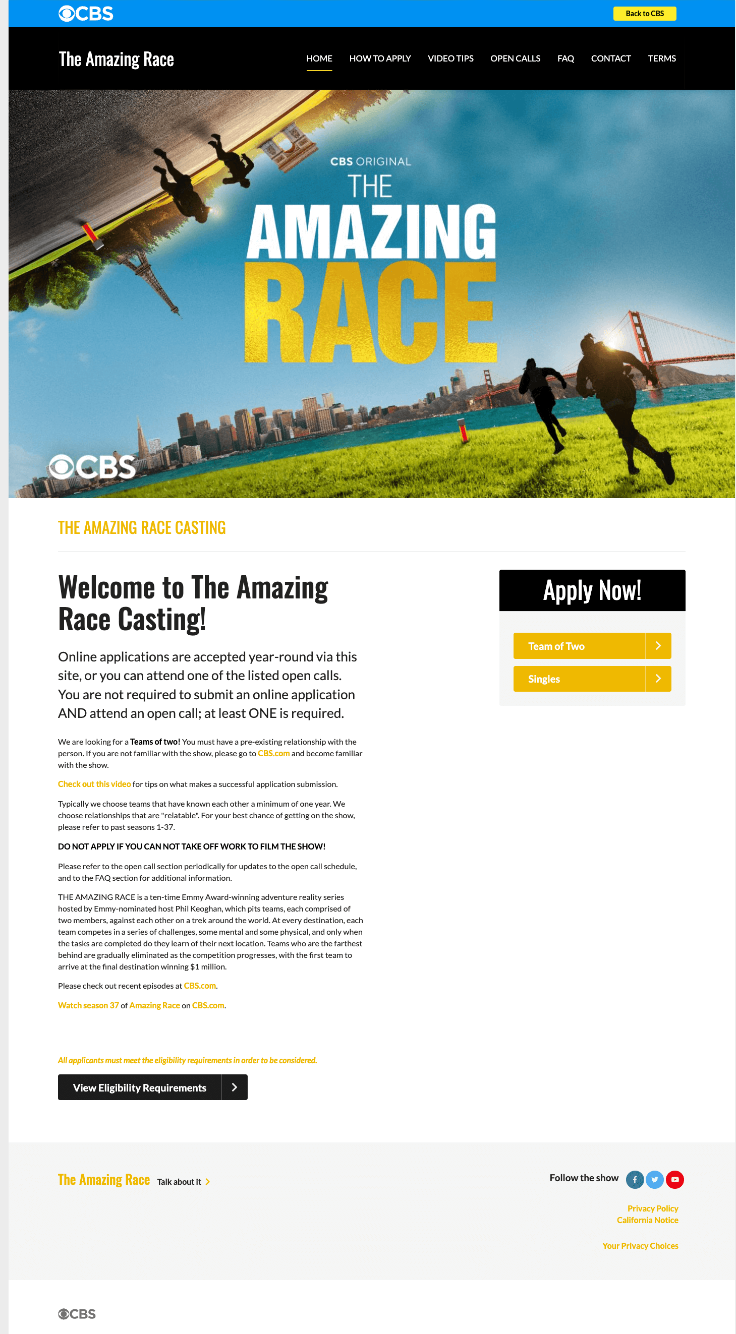 The Amazing Race casting site — the shipped design