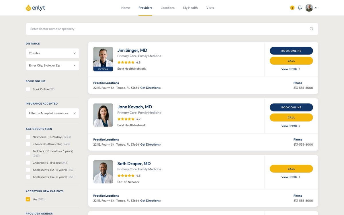 Enlyt web portal — Provider directory