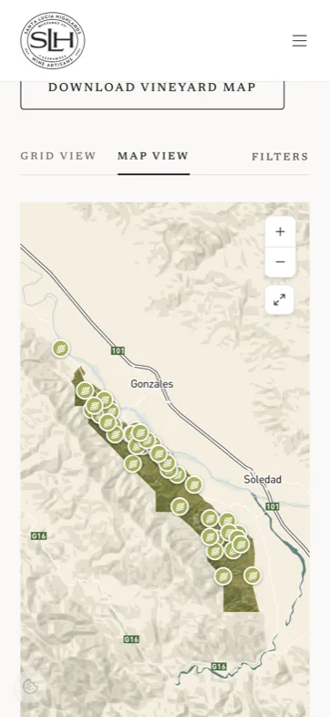 Vineyard Atlas on a phone — appellation boundary and vineyard pins over a custom base map