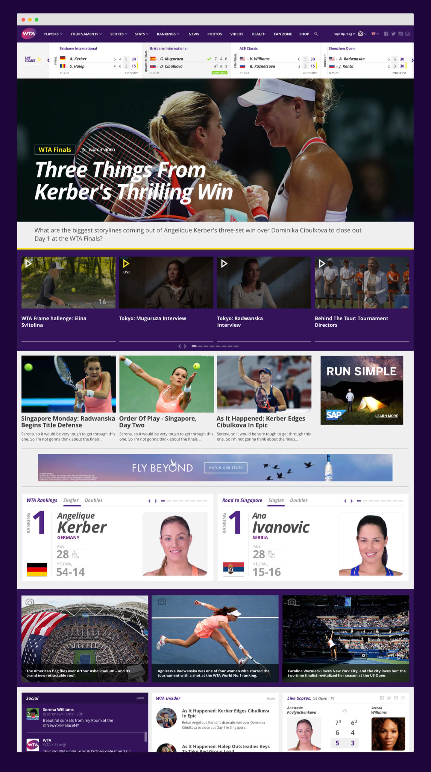 WTA website homepage with live scores and editorial content